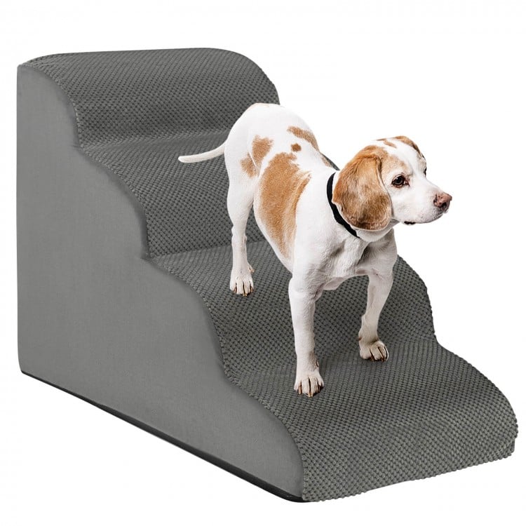 Non-slip gray foam dog steps with wide tiers, ideal for pets with mobility issues to access furniture easily.
